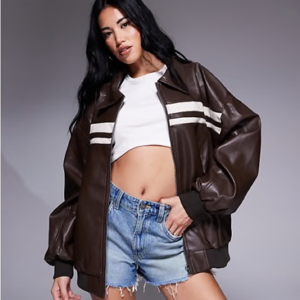 BRAND NEW Princess Polly Dark Brown Leather Jacket with White Stripes